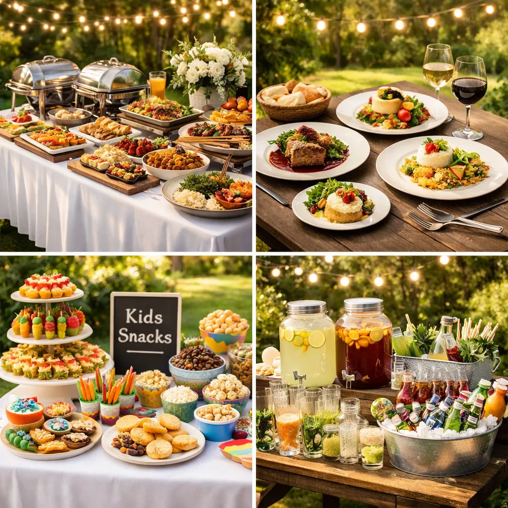 Collage showing different catering setups: buffet tables, plated meals, kids’ snacks, and drinks stations.