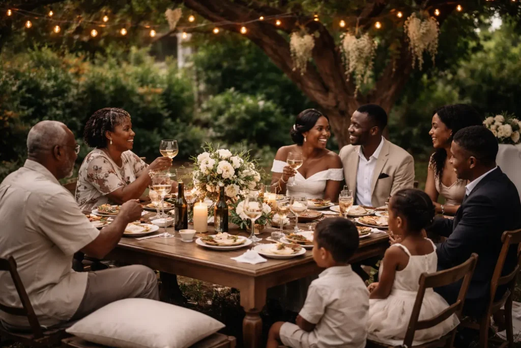 A small wedding or family lunch scene with relaxed seating, maybe outdoors.