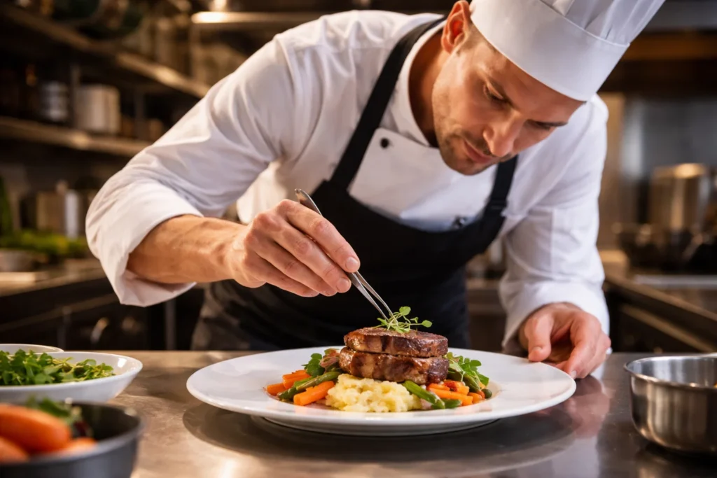 Chef plating food in a professional kitchen, focusing on neat presentation.