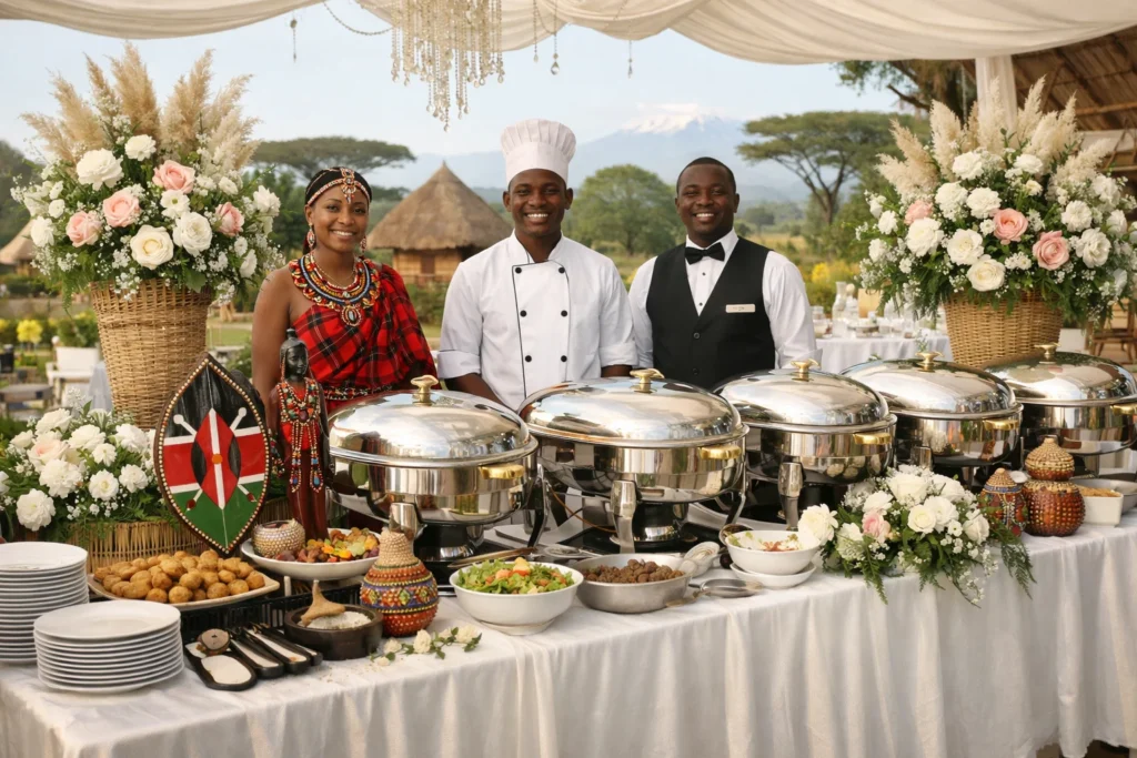 Elegant wedding buffet setup with chafing dishes, floral décor, and servers in uniform.