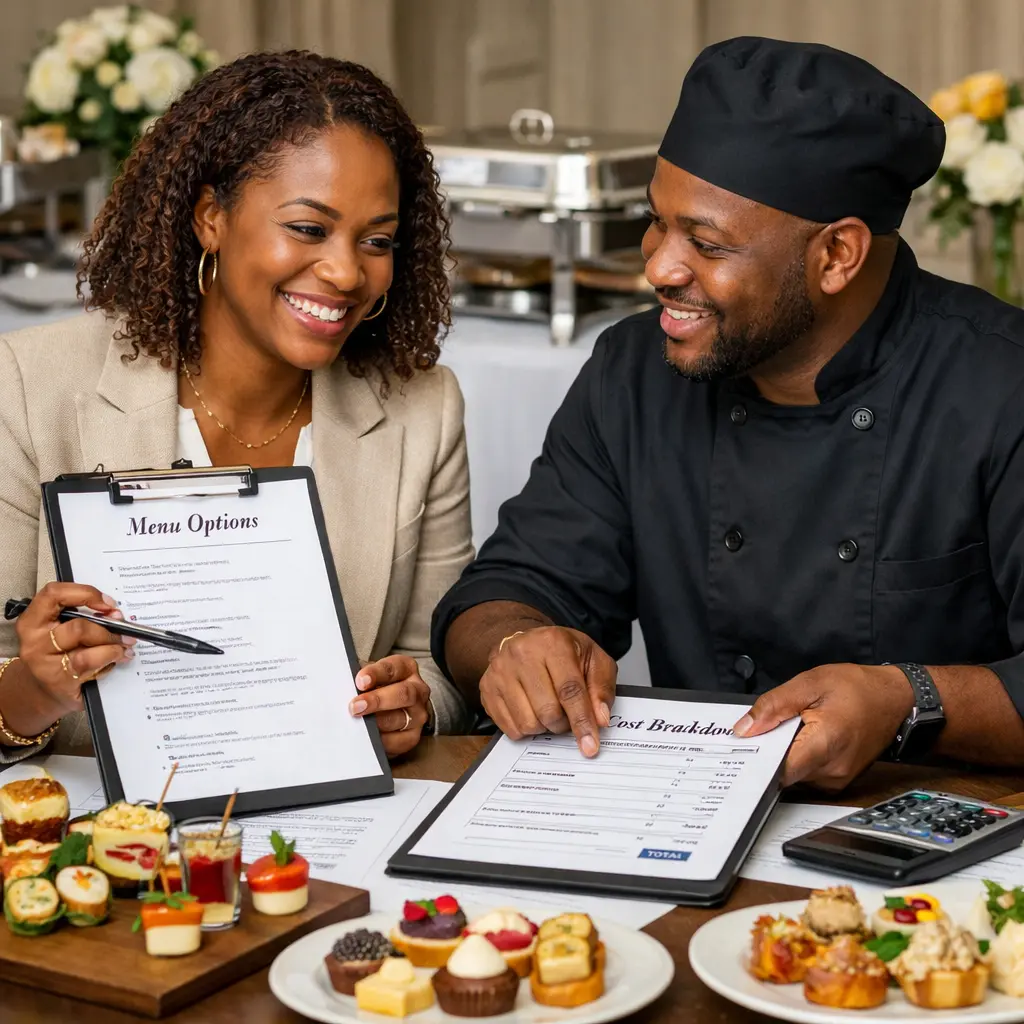 Event planner and caterer discussing menus and costs over documents and samples.